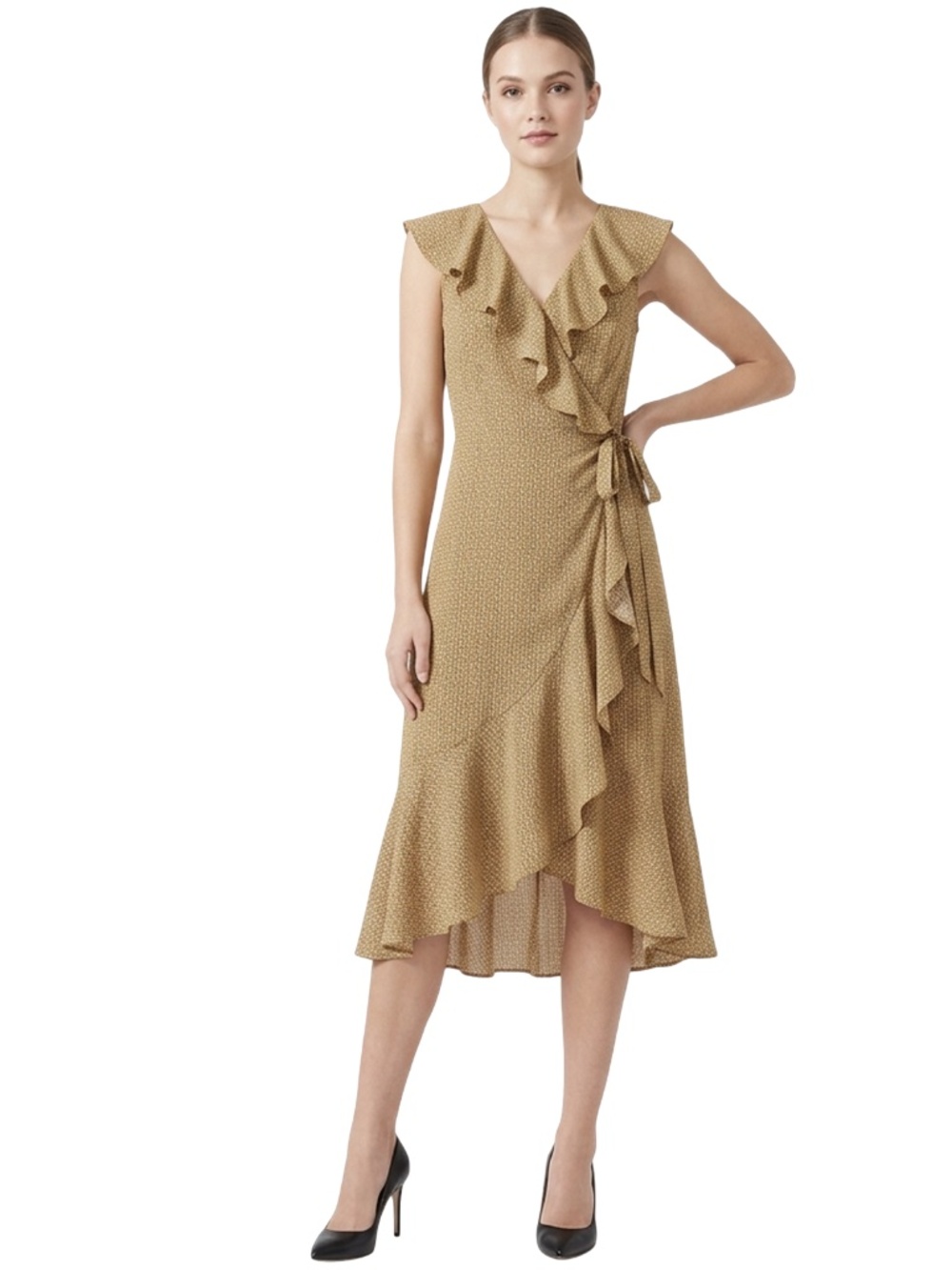 MAX STUDIO Ruffle Wrap Dress Midi Flutter Neckline Flowy Flounce Hem Hi-Low